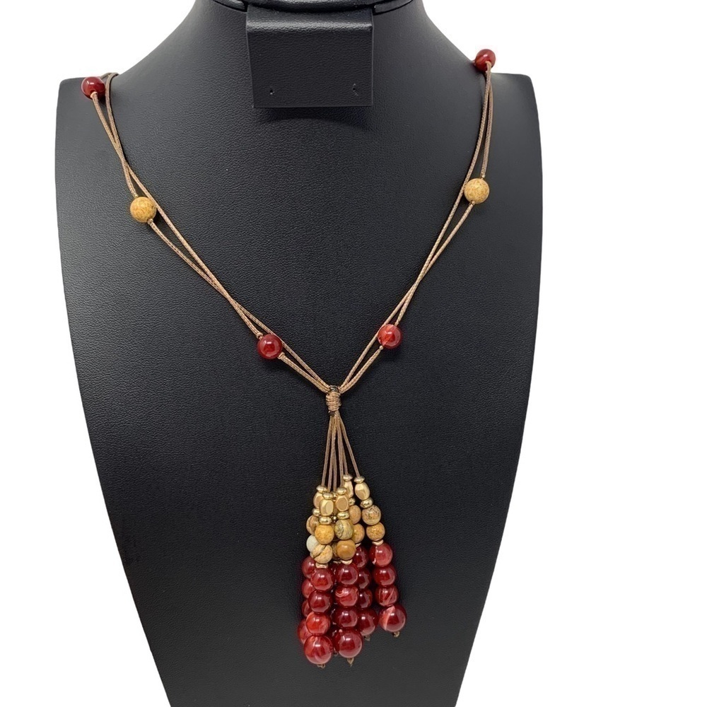 Boho Red and Brown Beaded Tassel Long Necklace